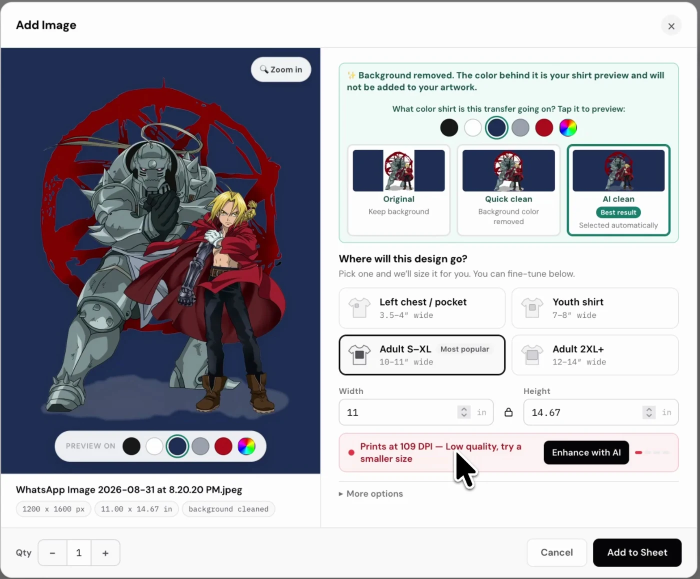 Background removal options and cleaned artwork in the builder